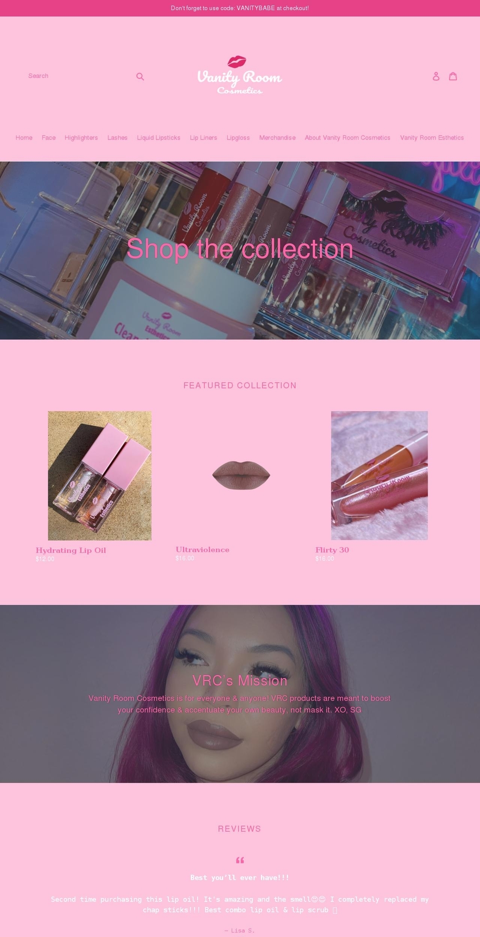 vanityroomcosmetics.com — Shopify storefront screenshot