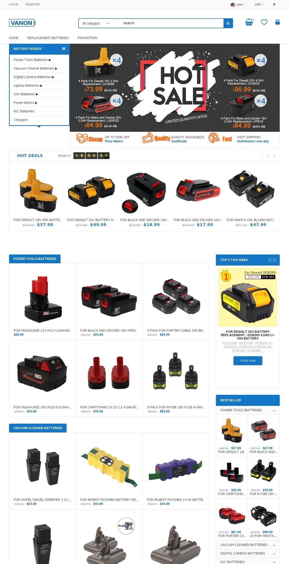 vanonbatteries.com shopify website screenshot
