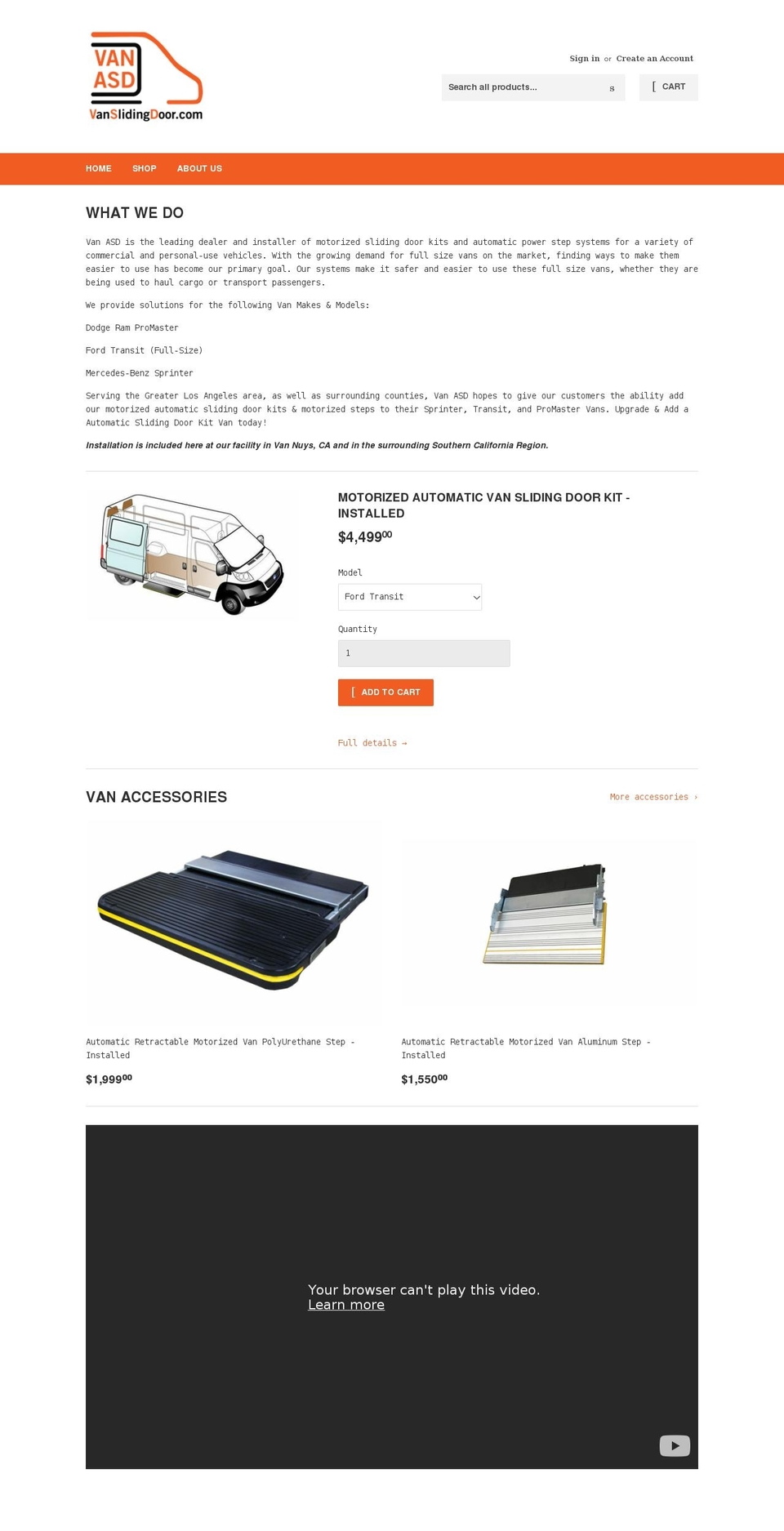 vanslidingdoor.com shopify website screenshot