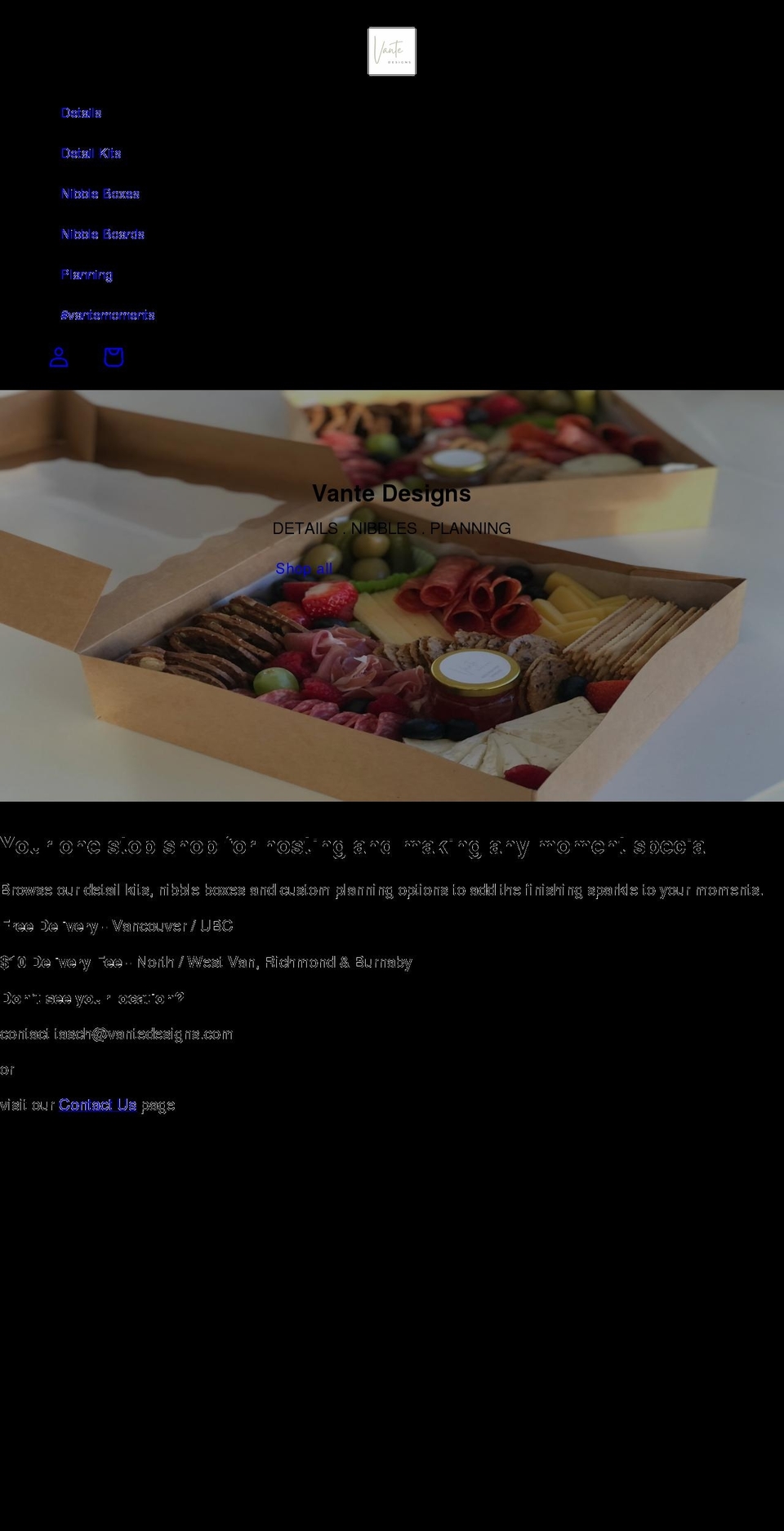 vantedesigns.com shopify website screenshot