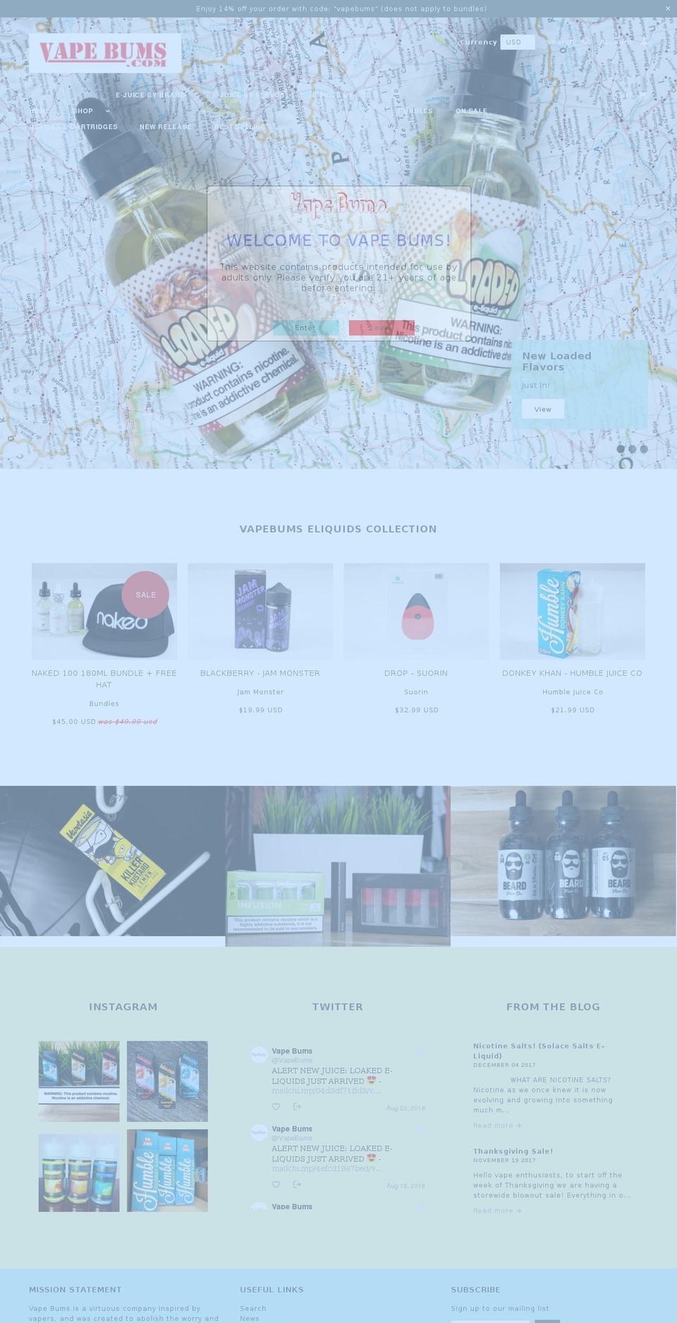 vapebums.com shopify website screenshot