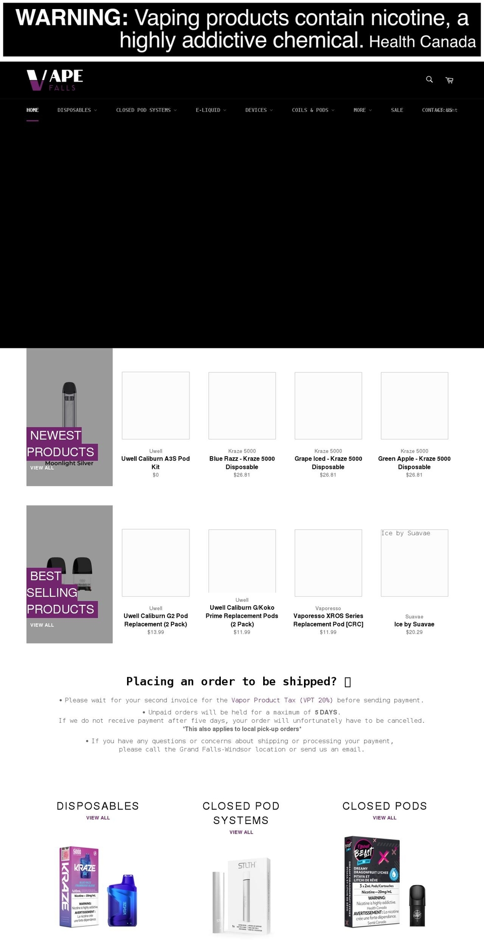 vapefalls.com shopify website screenshot