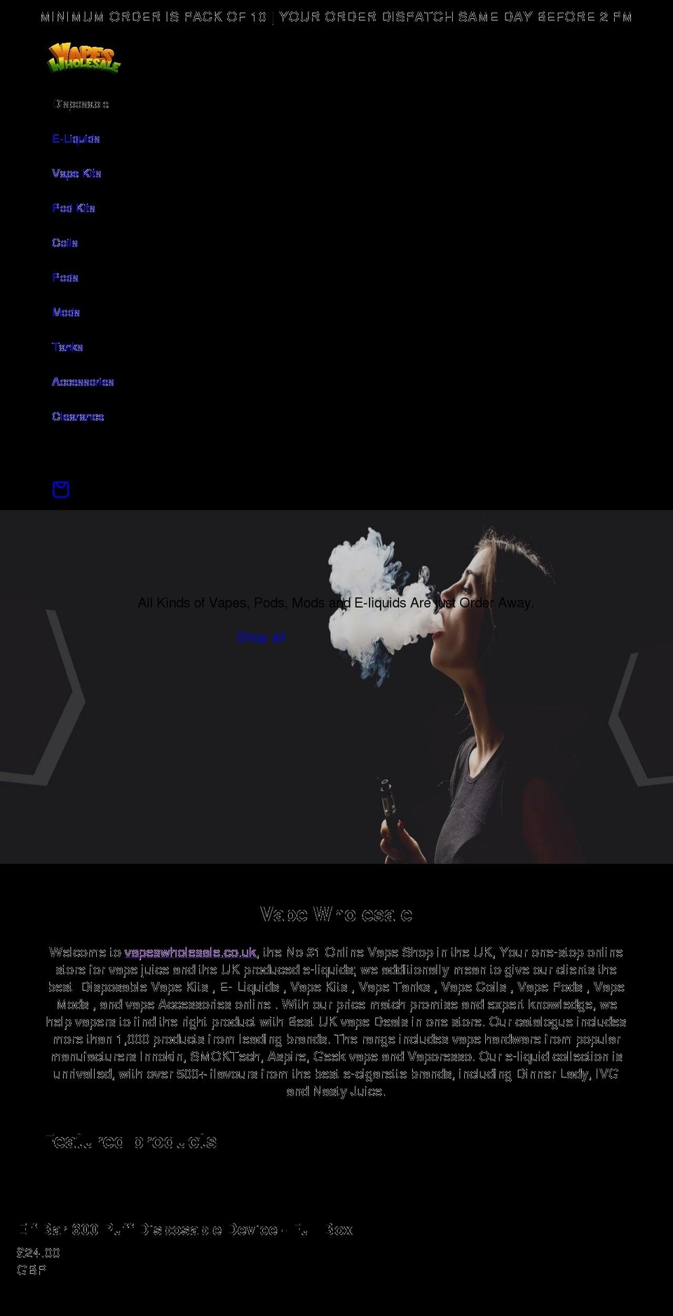 vapeswholesale.co.uk shopify website screenshot