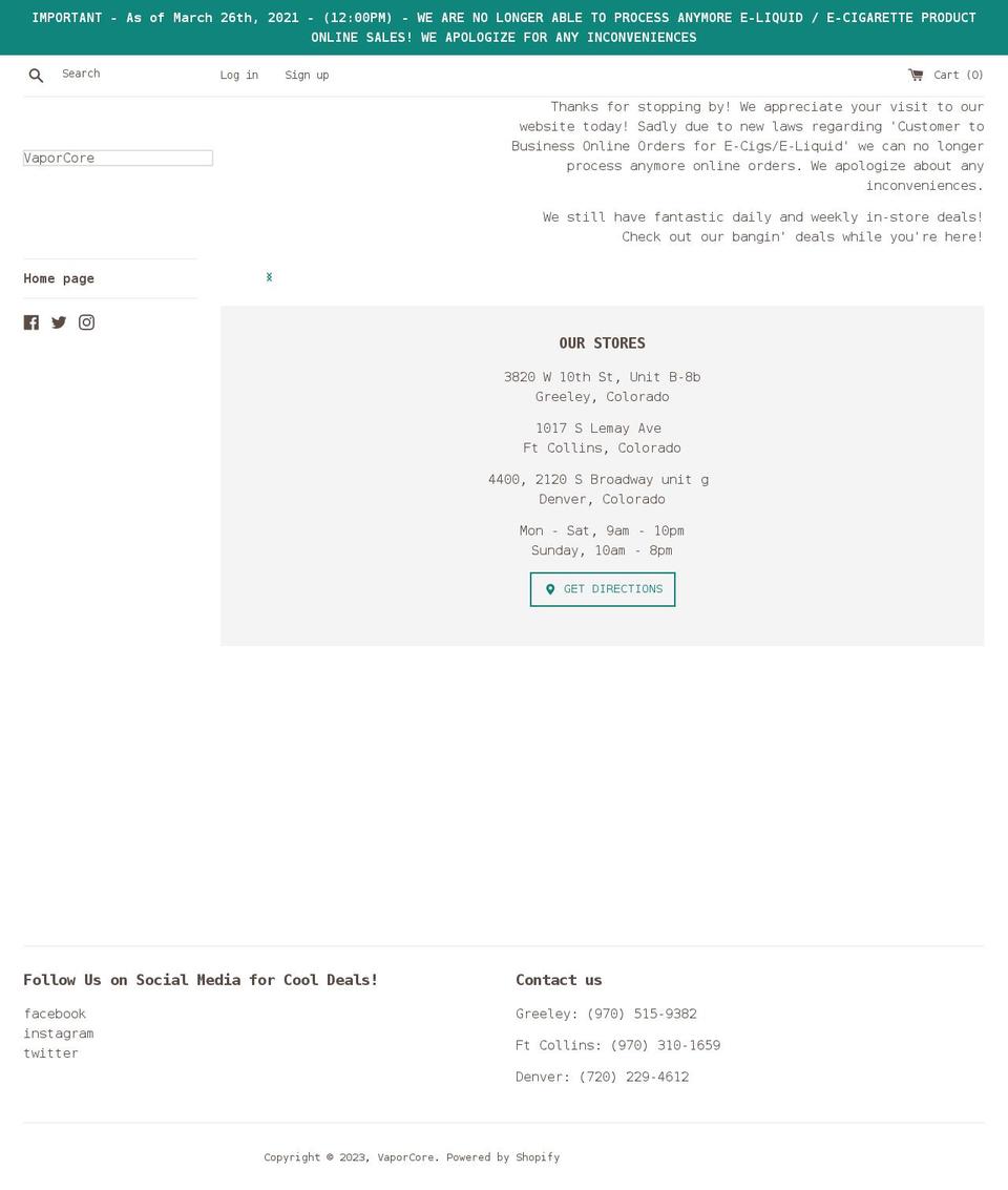 vaporcore.myshopify.com shopify website screenshot