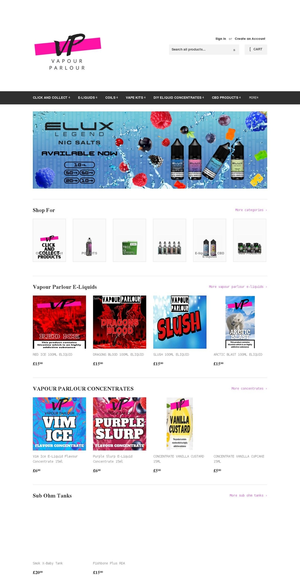 vapourparlour.co.uk shopify website screenshot