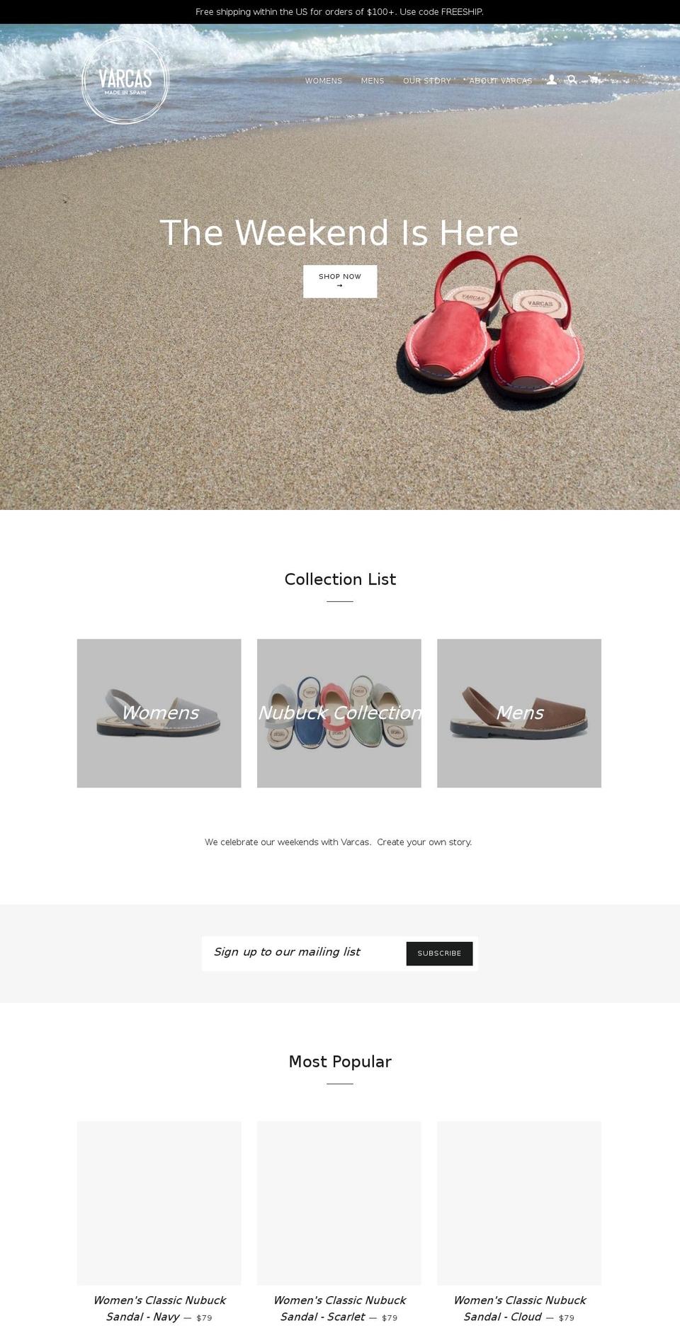 varcassandals.com — Shopify storefront screenshot