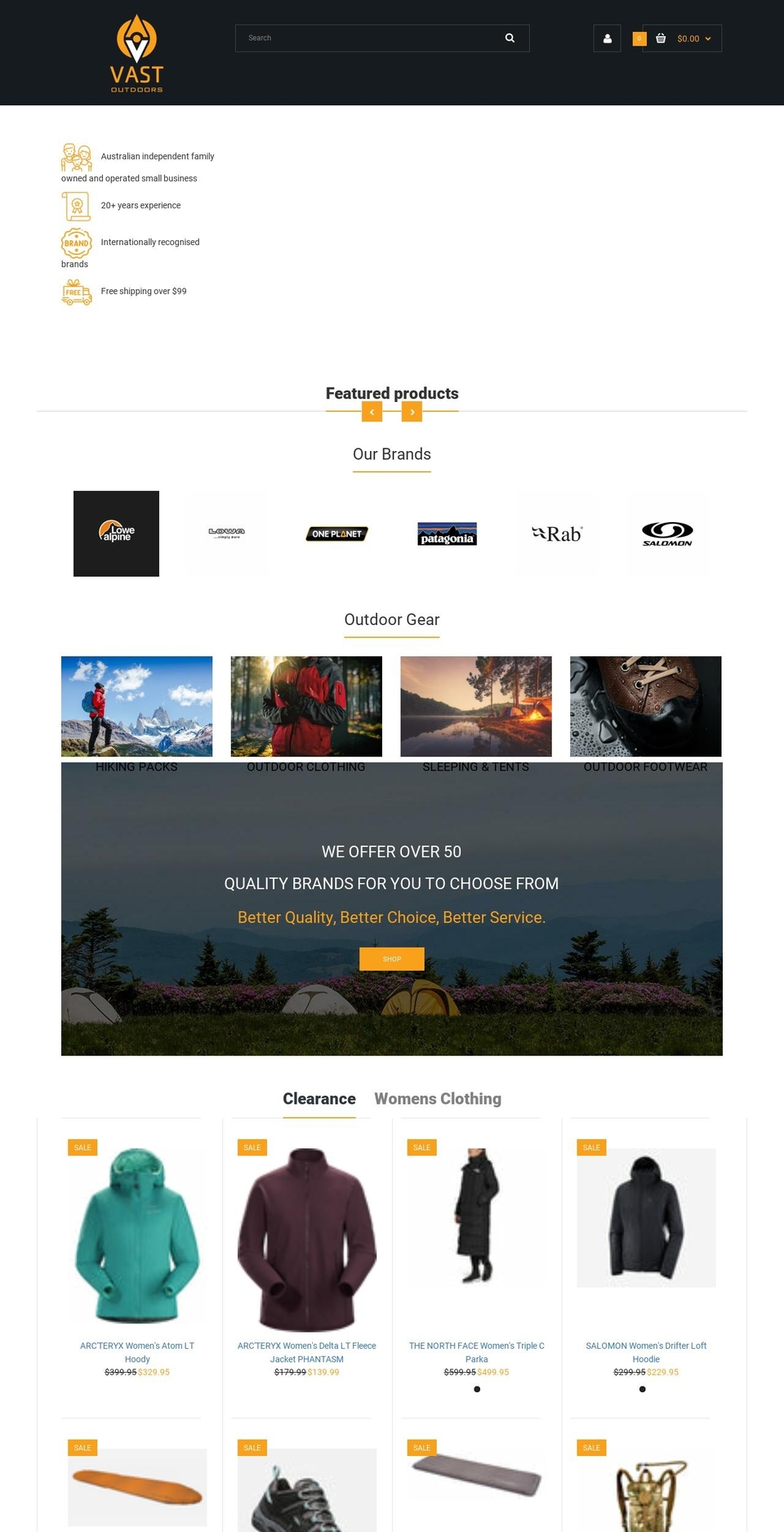 vastoutdoors.com.au shopify website screenshot