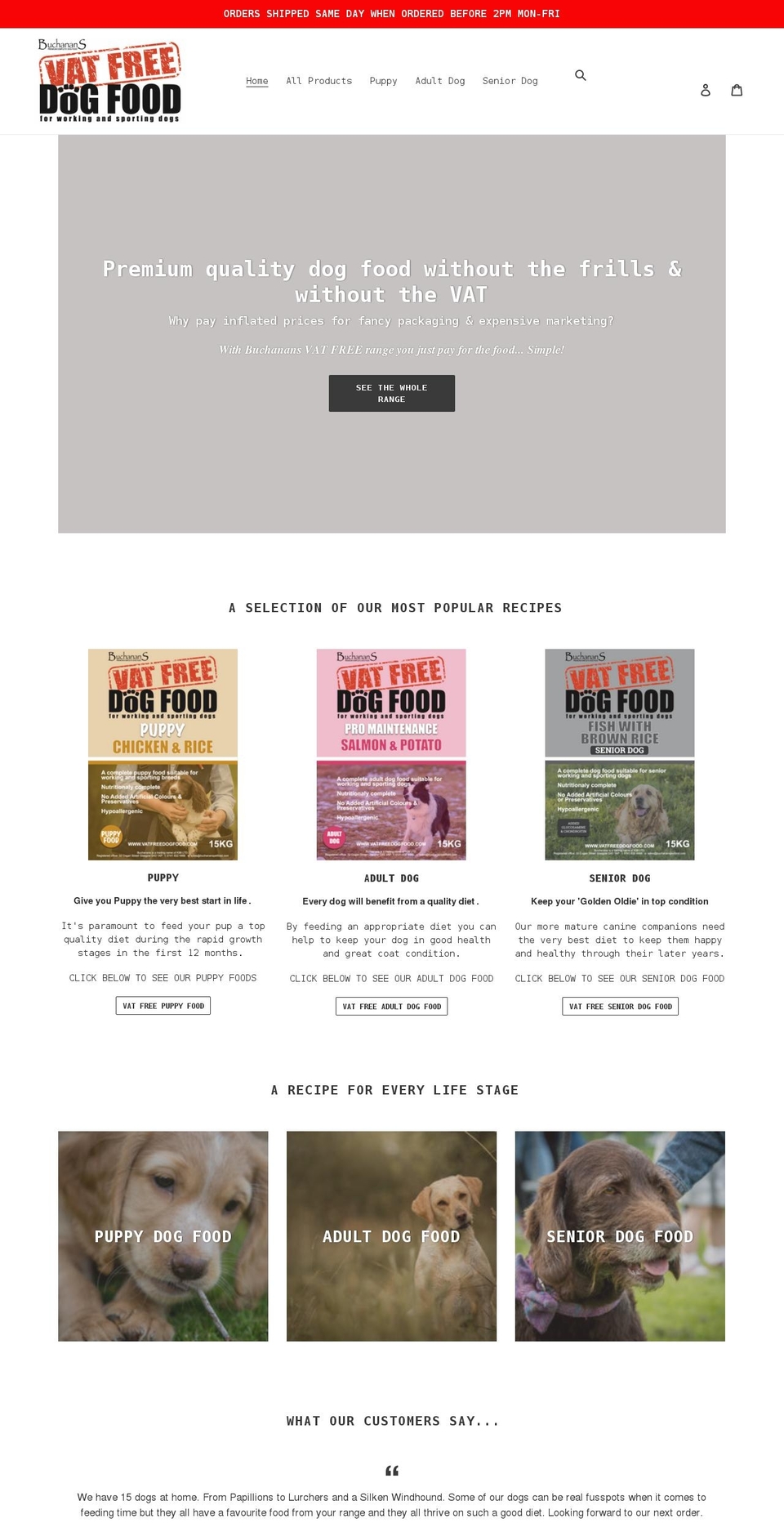 vatfreedogfood.com shopify website screenshot