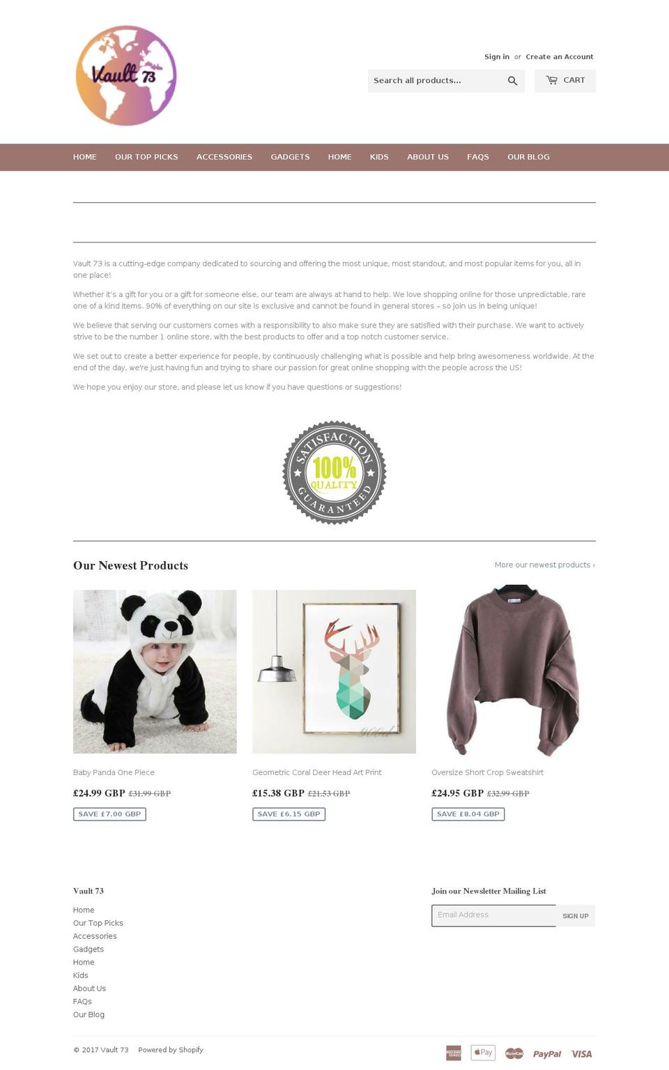 vault73.com shopify website screenshot