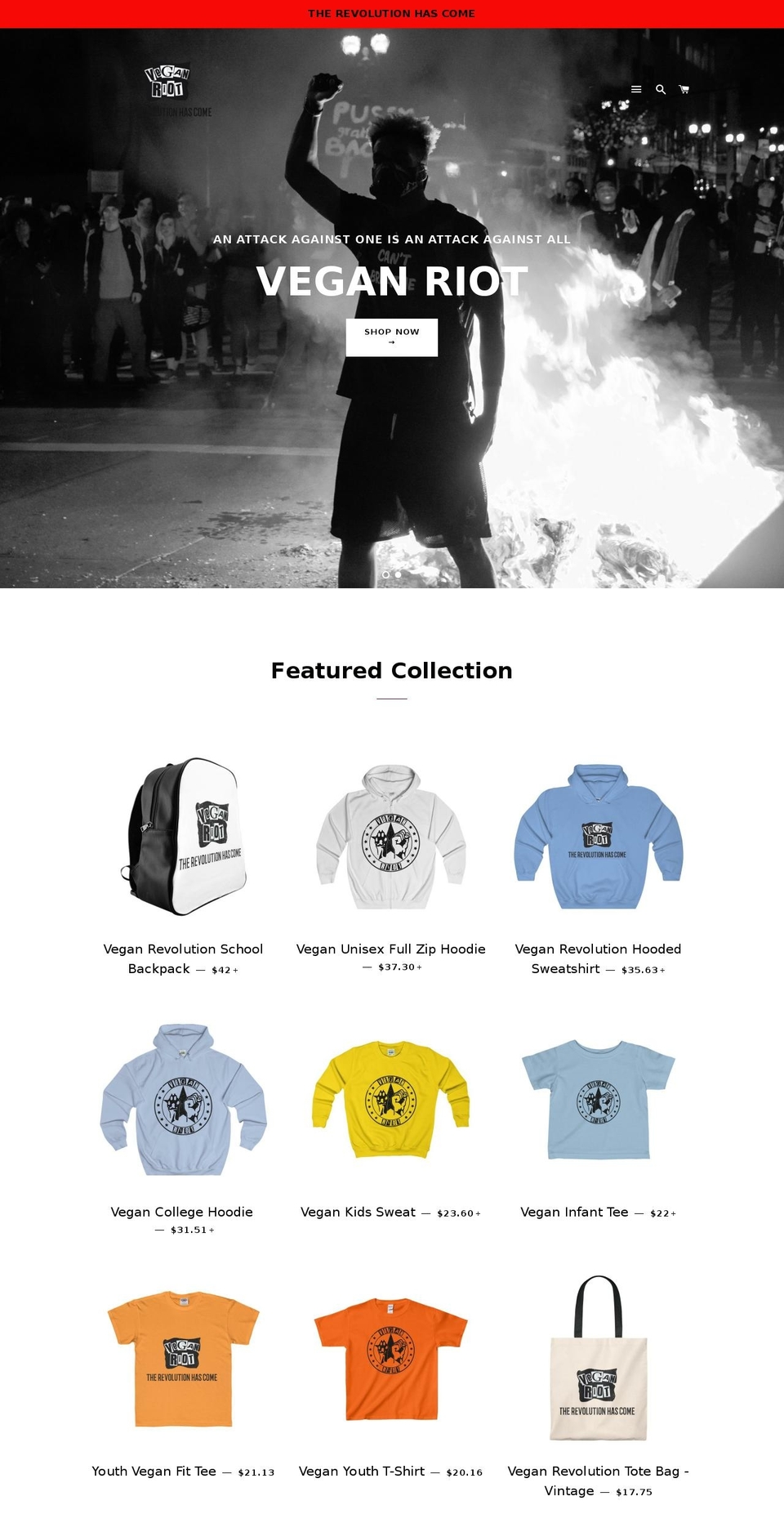 veganriotrevolution.com — Shopify storefront screenshot