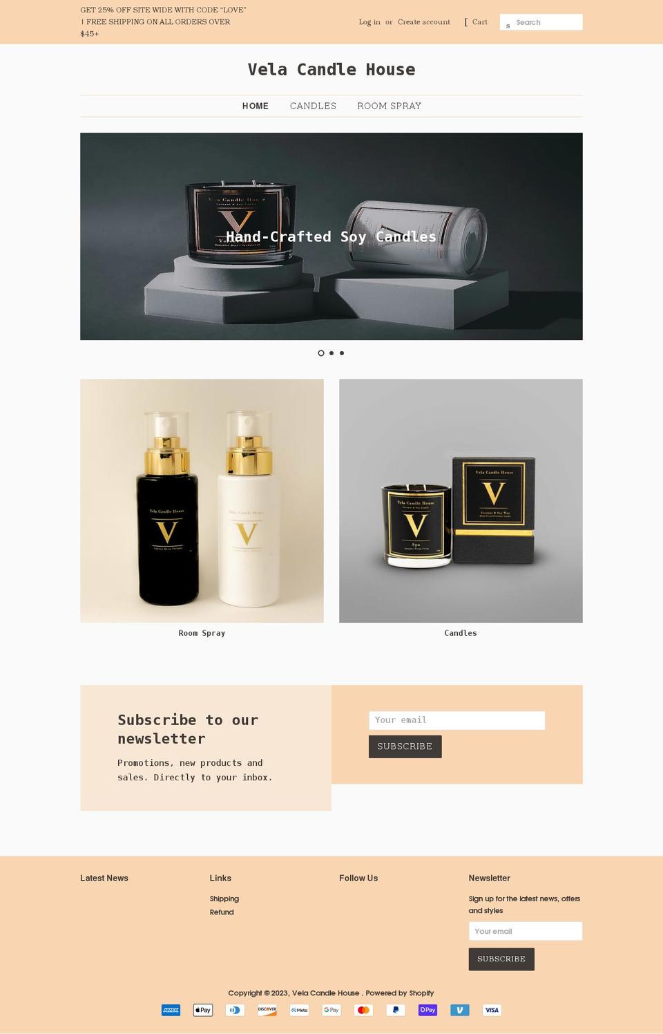 velacandlehouse.com shopify website screenshot