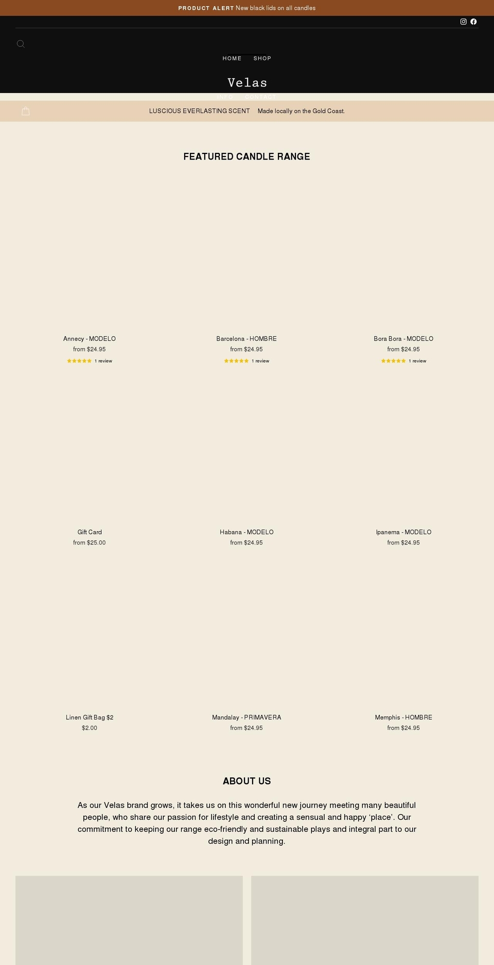 velas.com.au shopify website screenshot