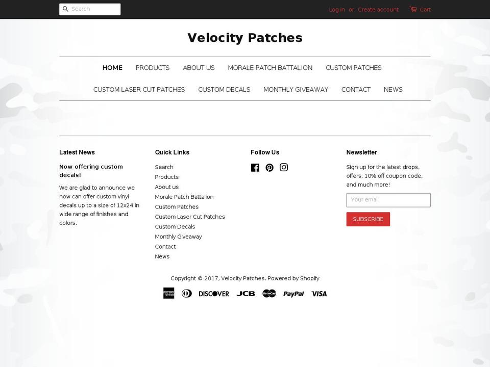 velocitypatches.com shopify website screenshot