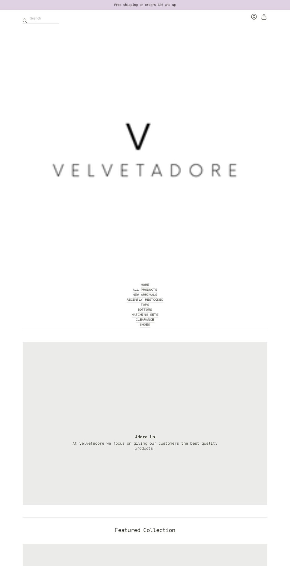 velvetadore.com shopify website screenshot