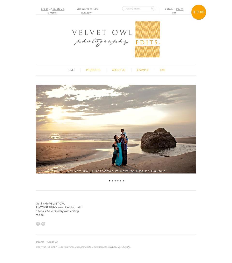 velvetowlphotographyedits.com shopify website screenshot