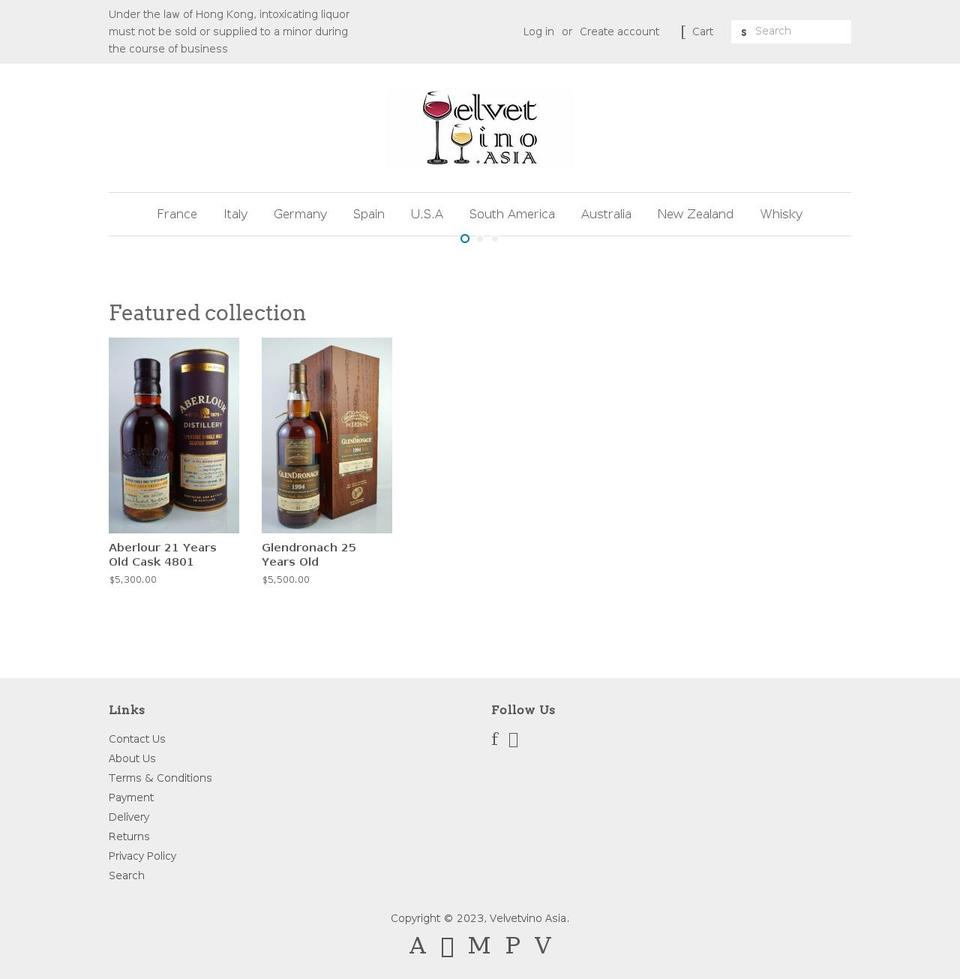 velvetvino.asia shopify website screenshot