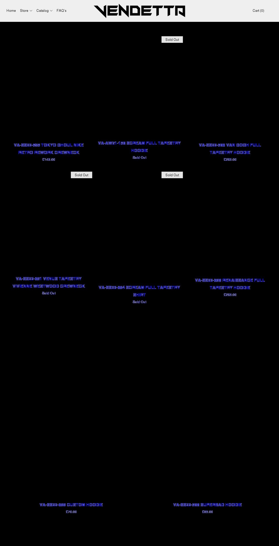vendettaarchive.com shopify website screenshot