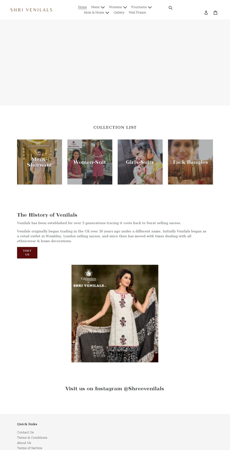 venilals.com shopify website screenshot