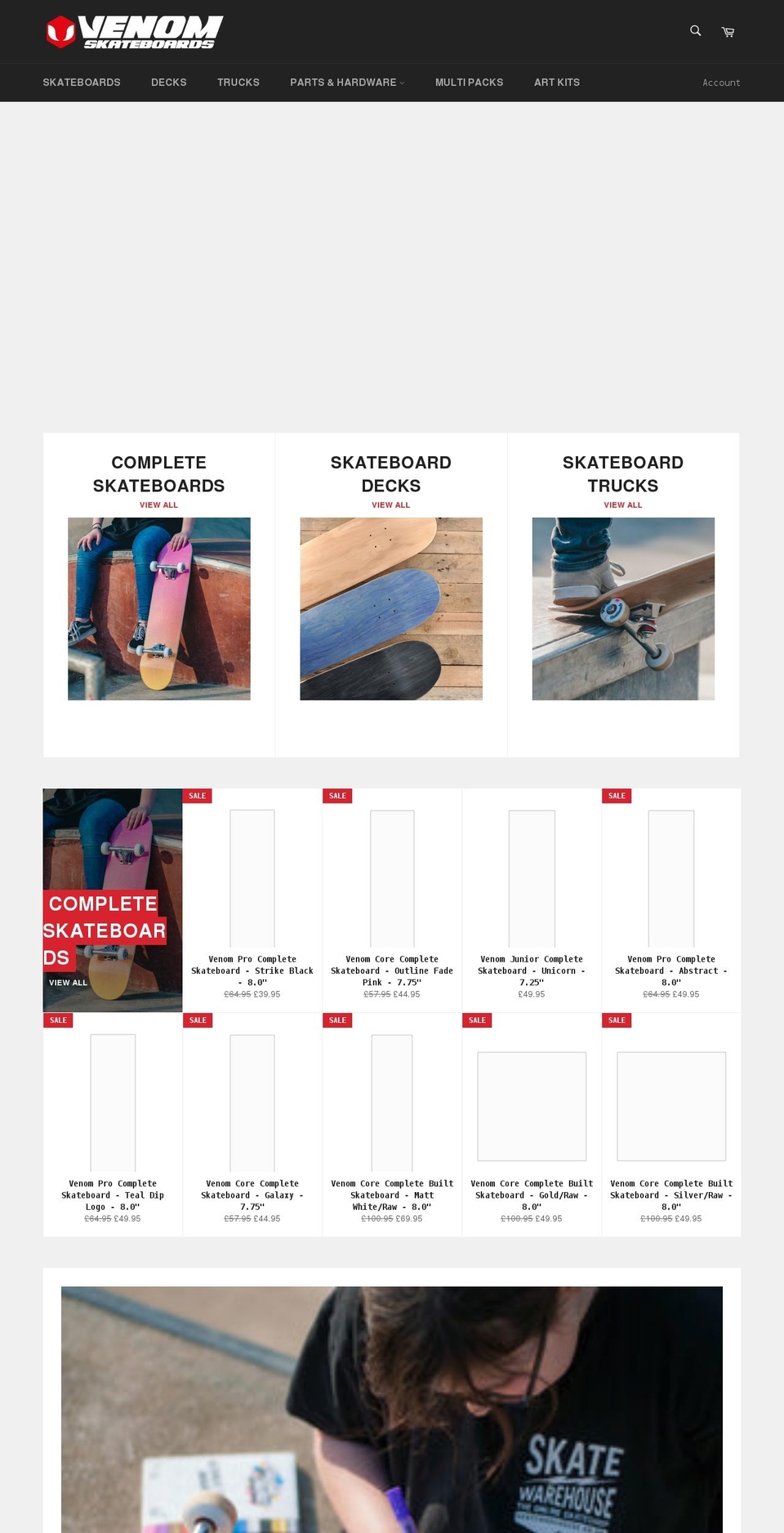 venomskateboards.co.uk shopify website screenshot