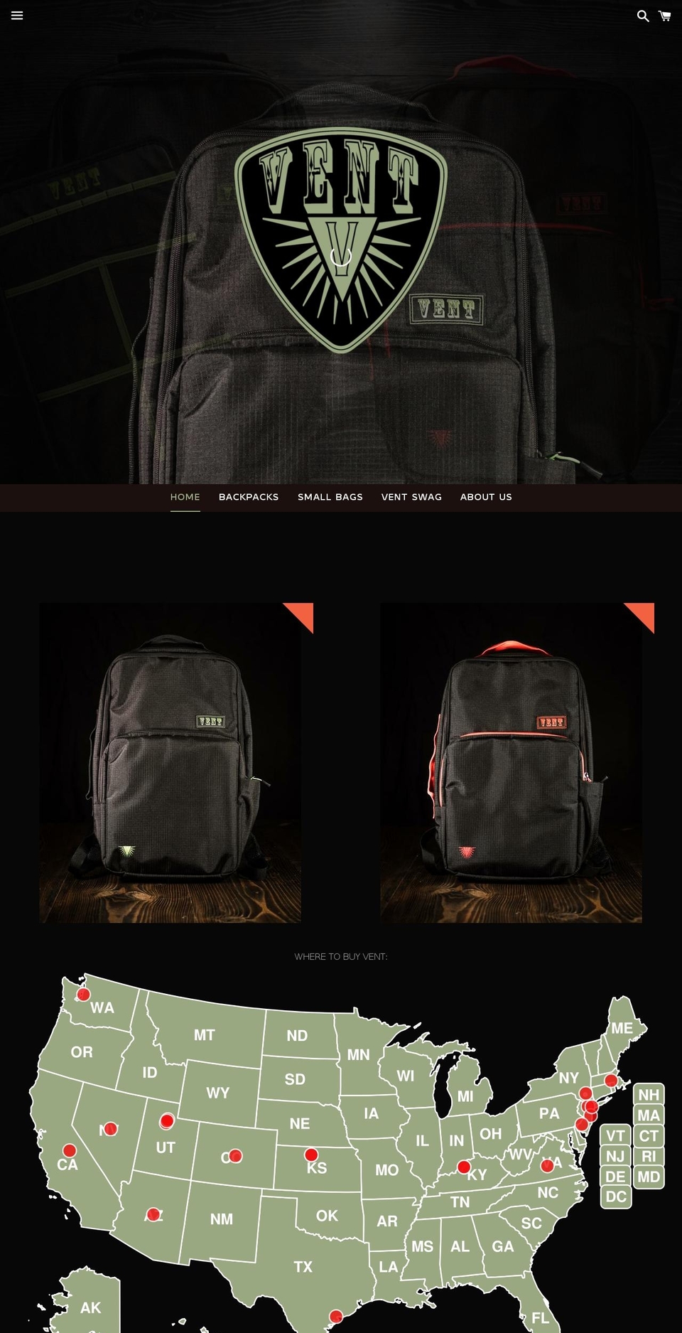 ventbags.com shopify website screenshot