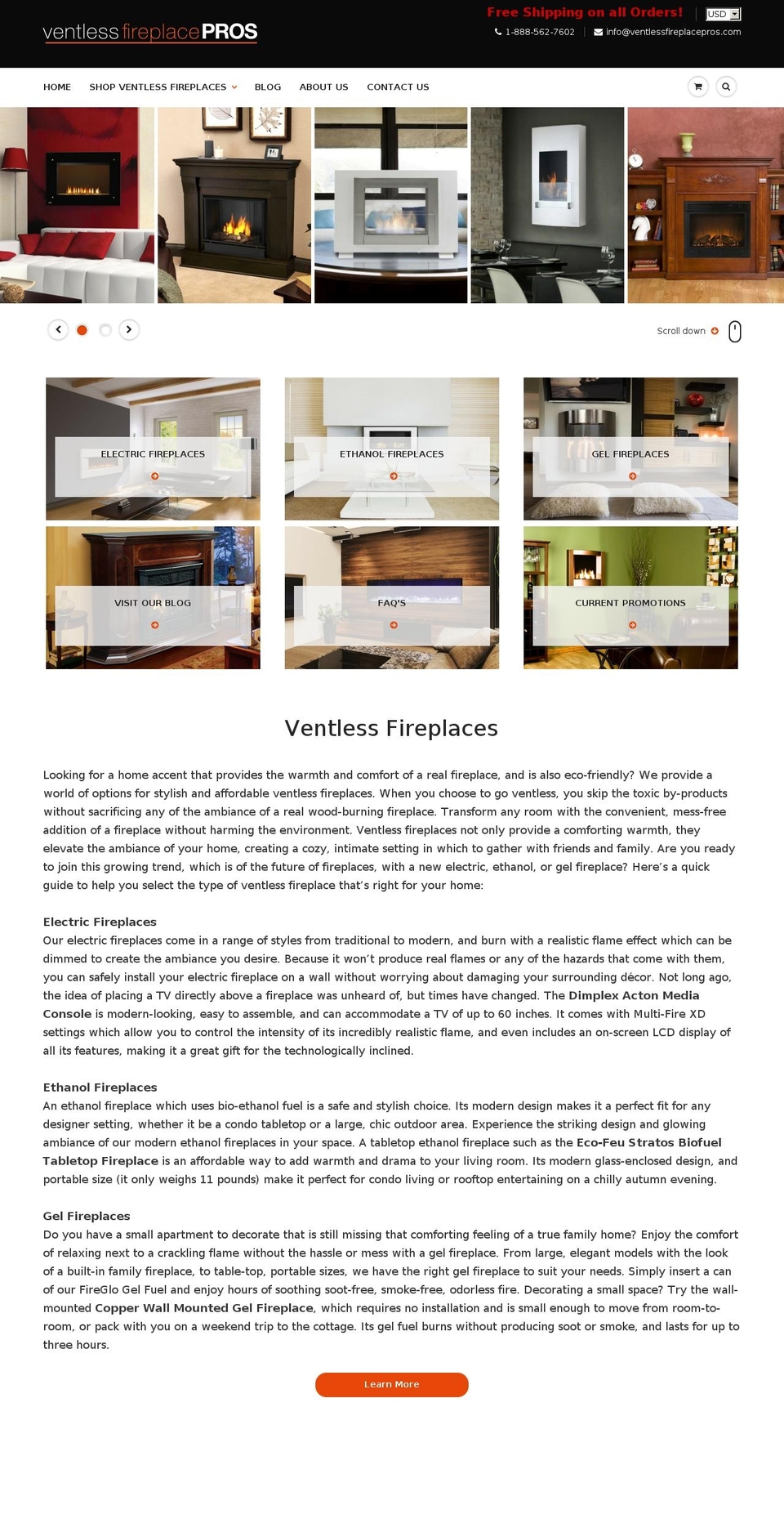ventlessfireplacepros.com shopify website screenshot