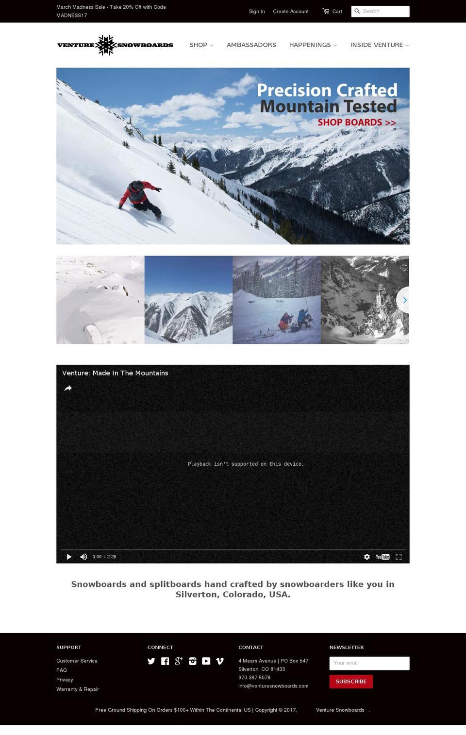 venturesnowboards.com shopify website screenshot