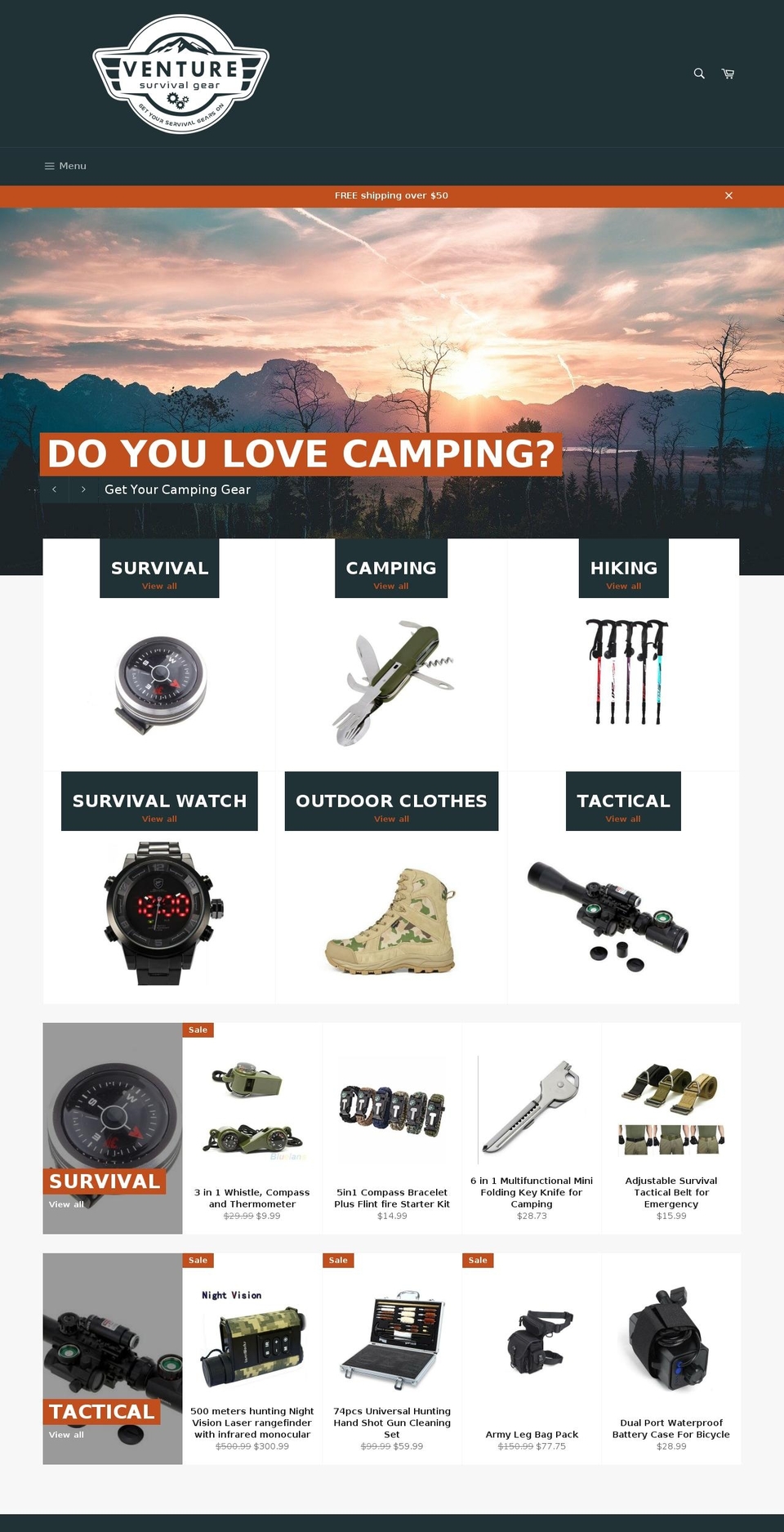 venturesurvivalgear.com shopify website screenshot