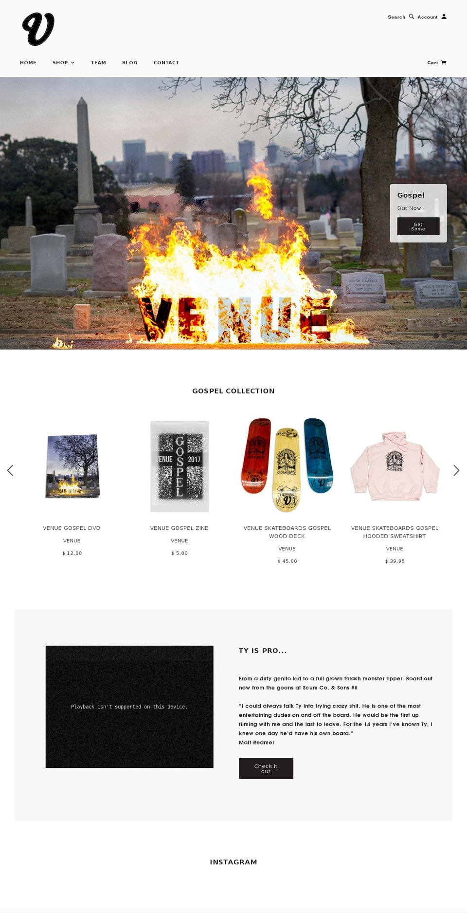 venueskateboards.com shopify website screenshot