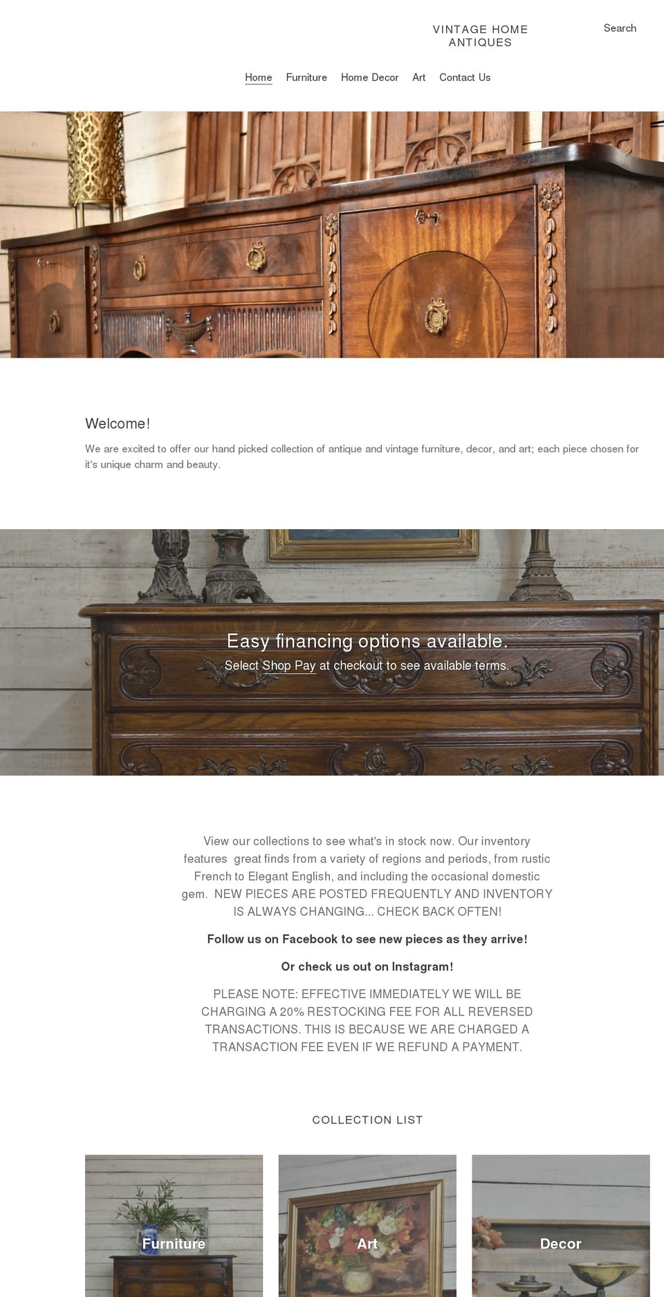 vhantiques.com shopify website screenshot