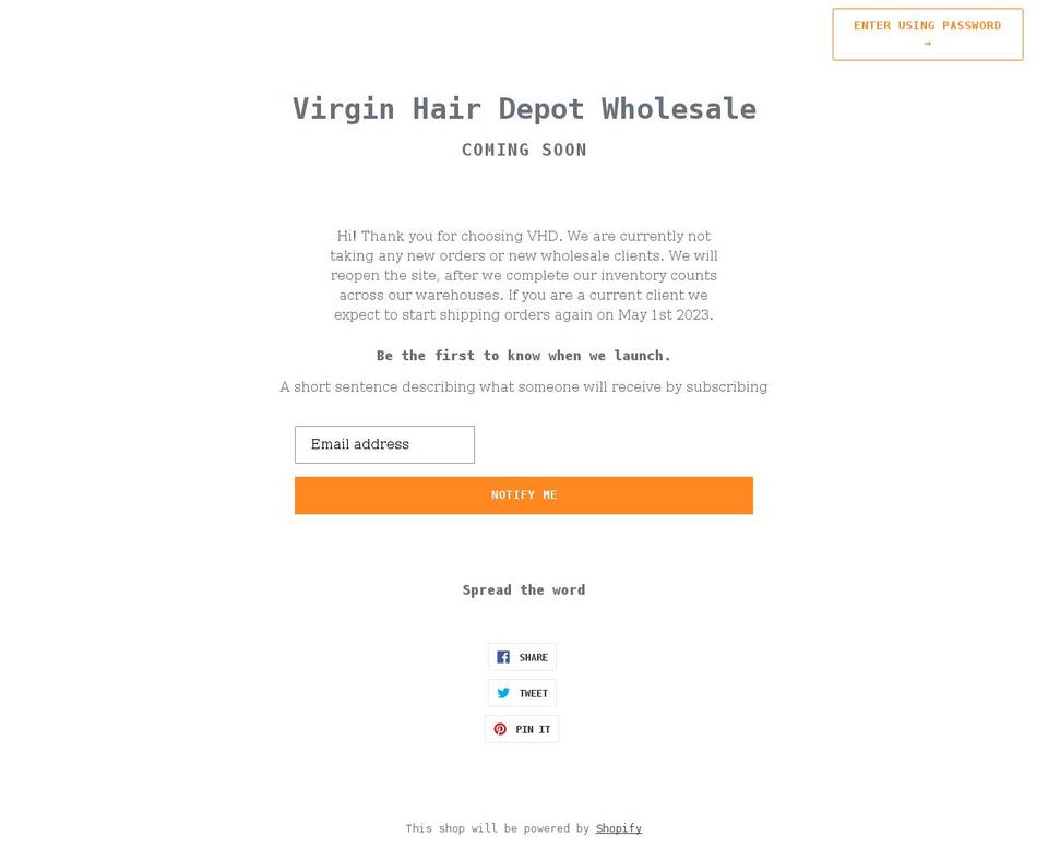 vhdwholesale.com shopify website screenshot