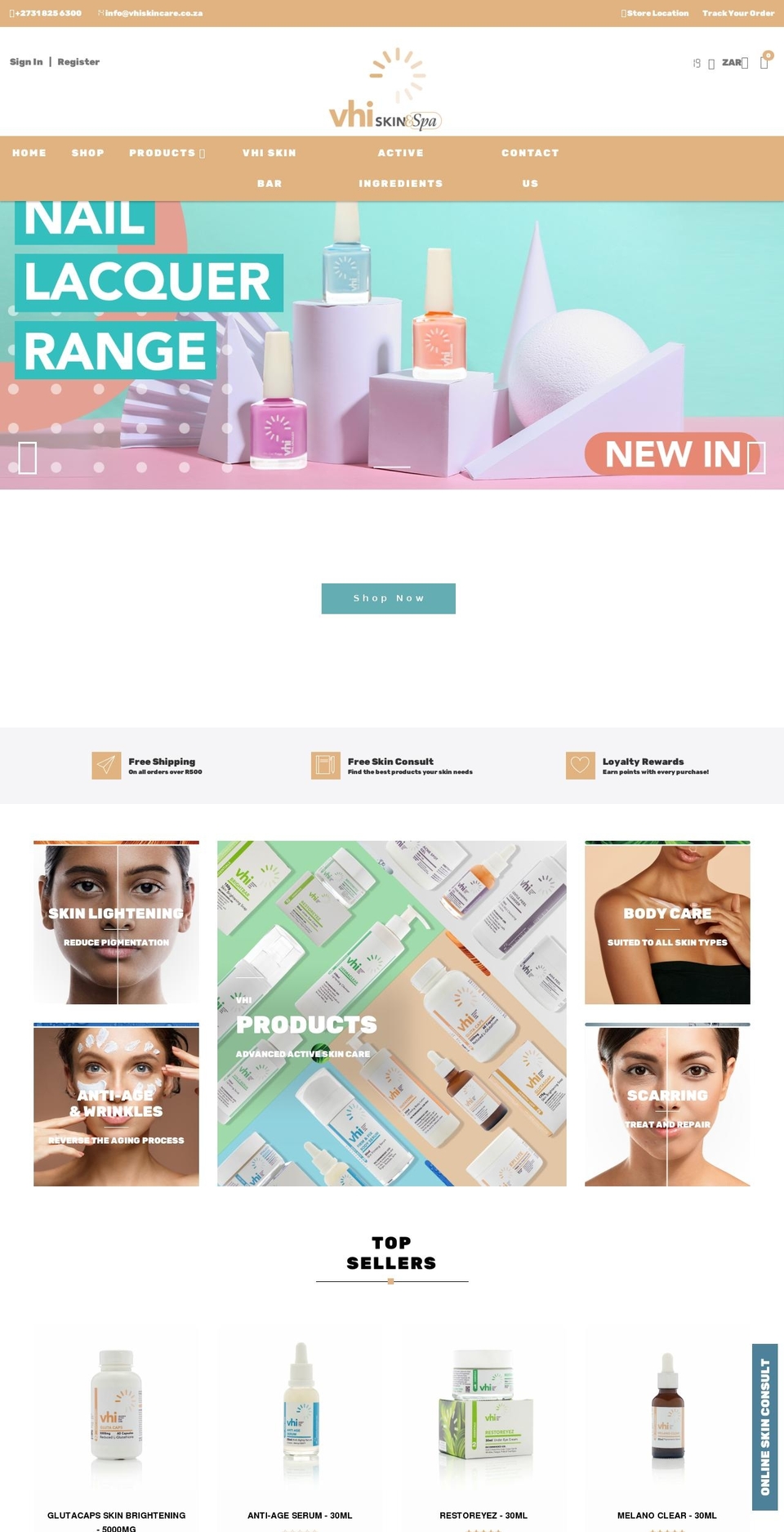 vhiskincare.co.za shopify website screenshot