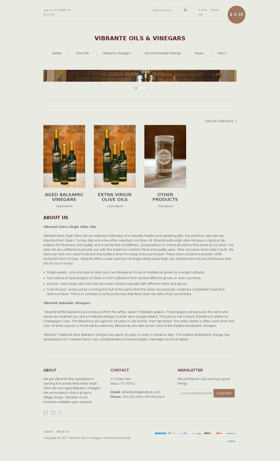 vibranteoilsandvinegars.com shopify website screenshot