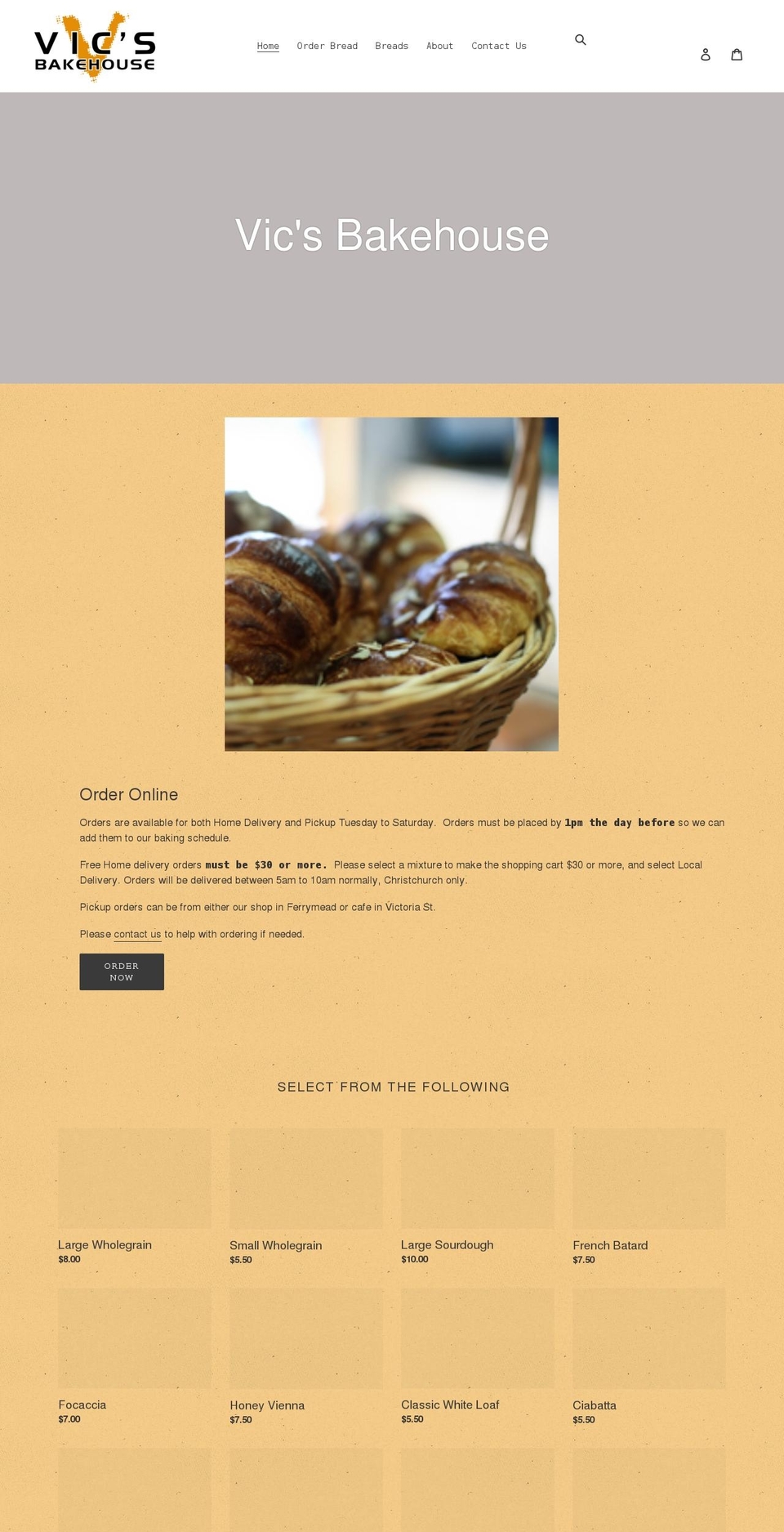 vicsbakehouse.co.nz shopify website screenshot