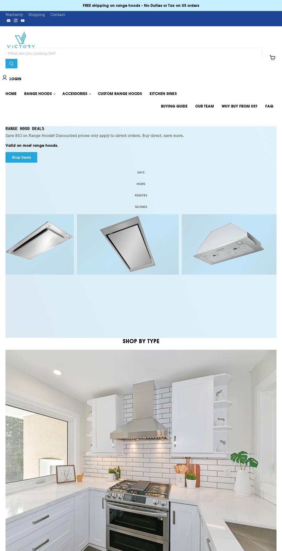victoryrangehoods.com shopify website screenshot
