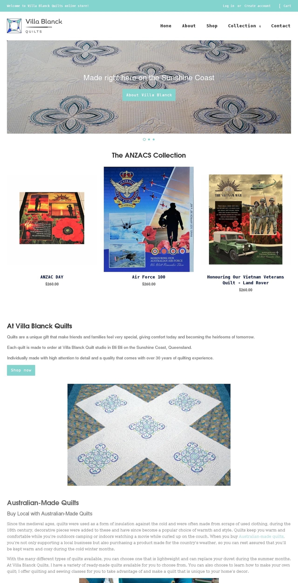 villablanckquilts.com shopify website screenshot