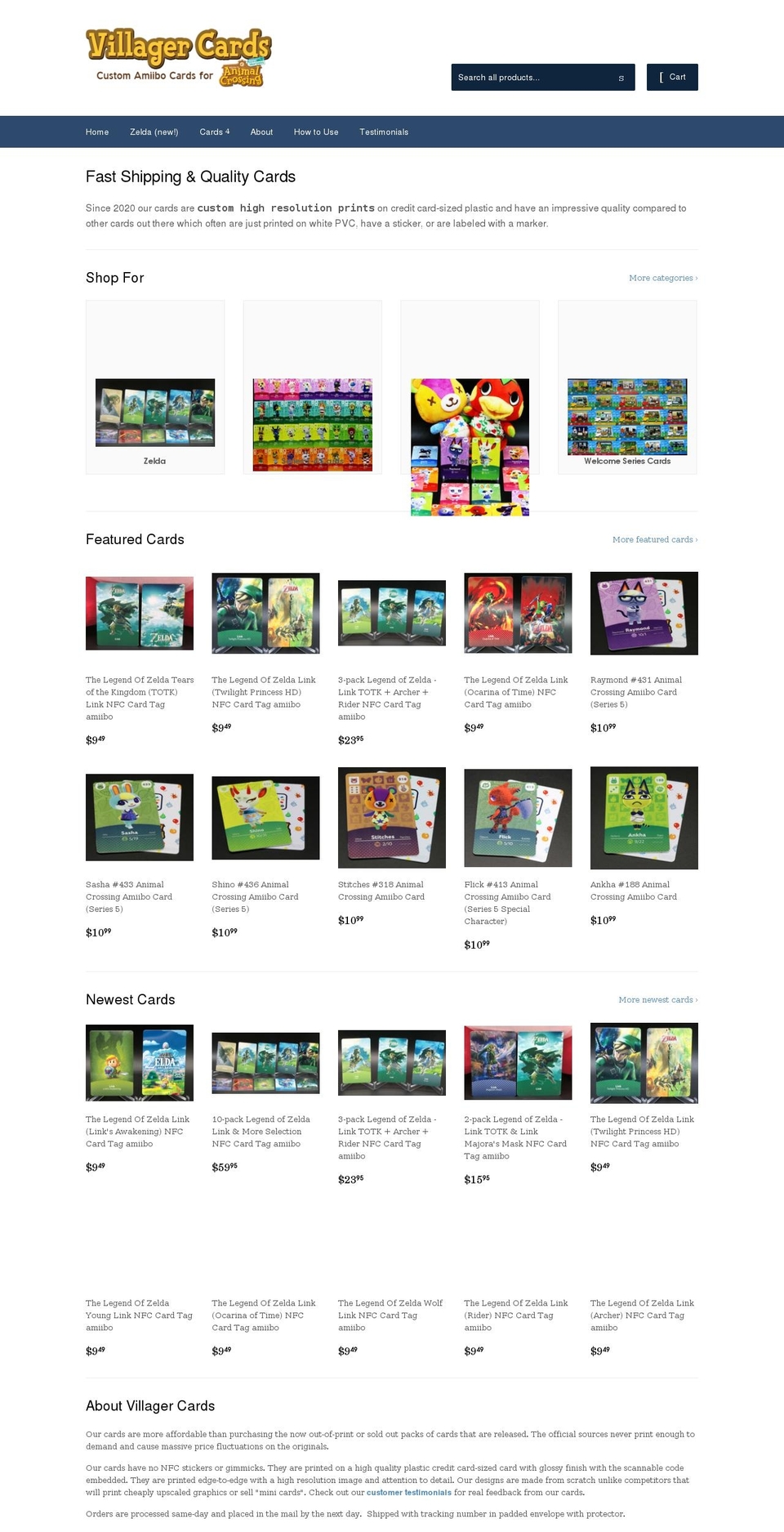 villagercards.shop shopify website screenshot