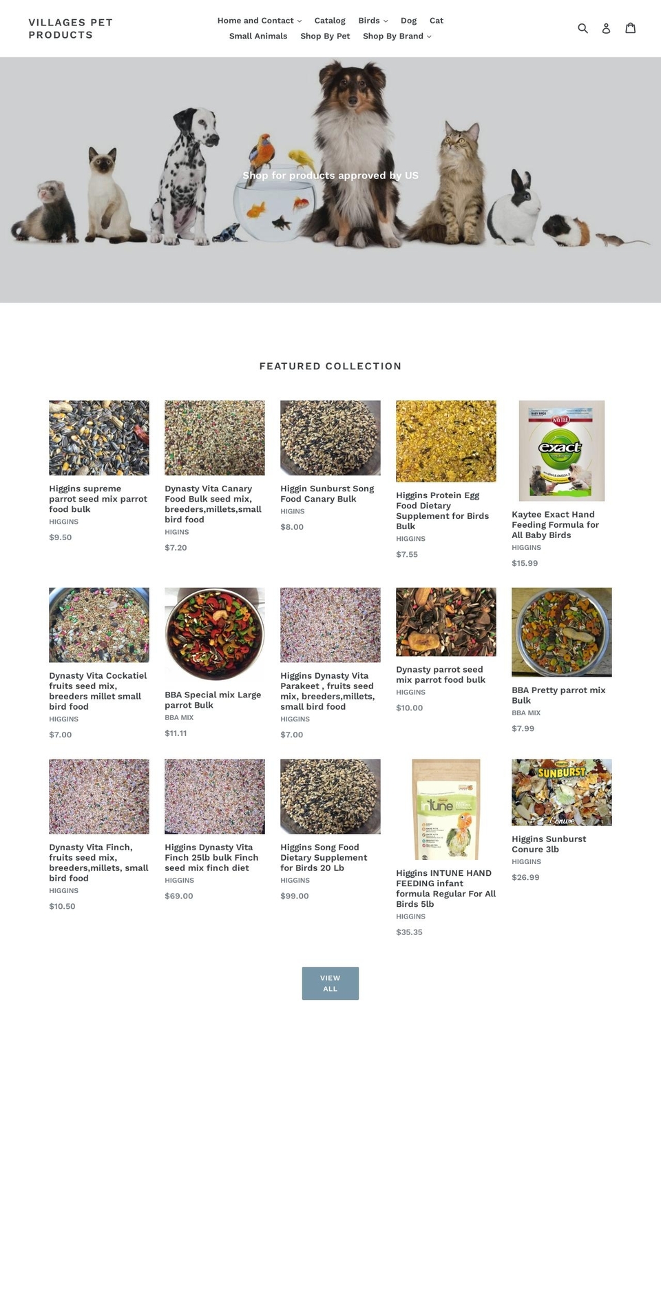 villagespetproducts.com shopify website screenshot