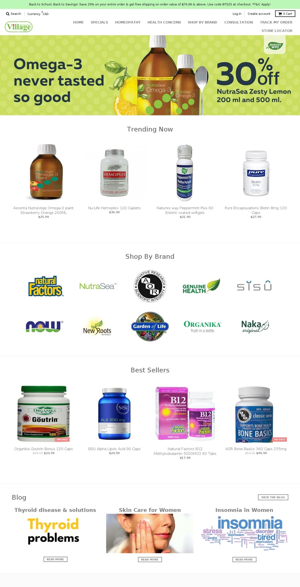 villagevitaminstore.ca shopify website screenshot