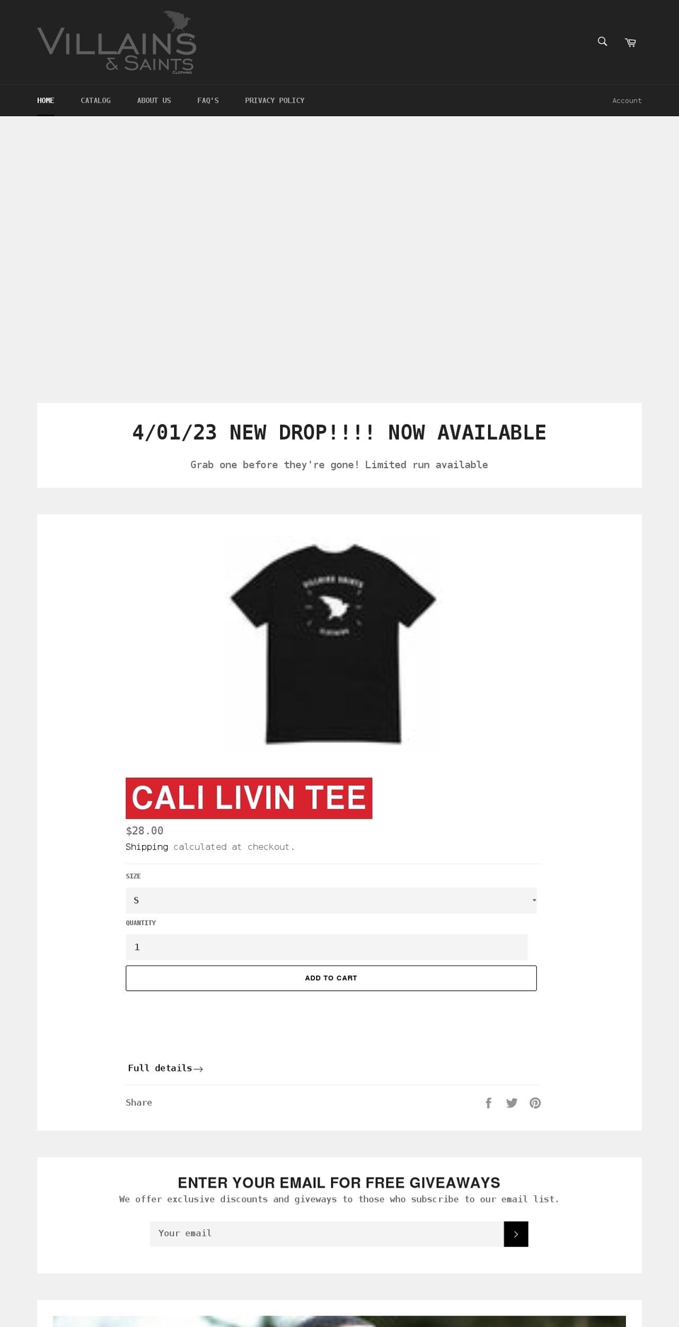 villainsandsaintsclothing.com — Shopify storefront screenshot