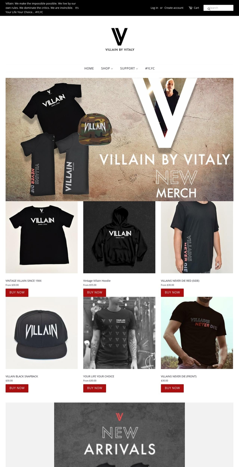 villainsneverdie.com shopify website screenshot