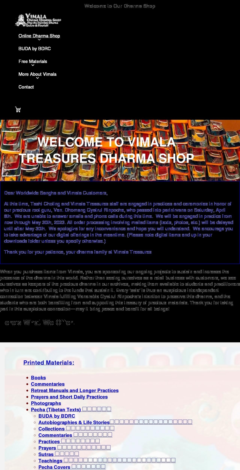 vimalatreasures.org shopify website screenshot