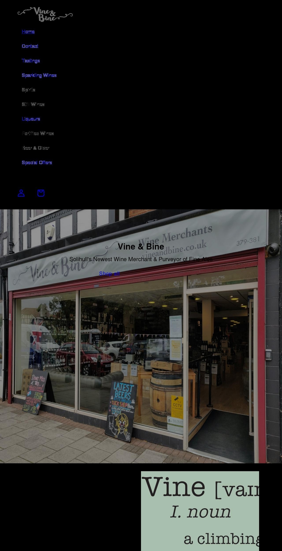 vineandbine.co.uk shopify website screenshot