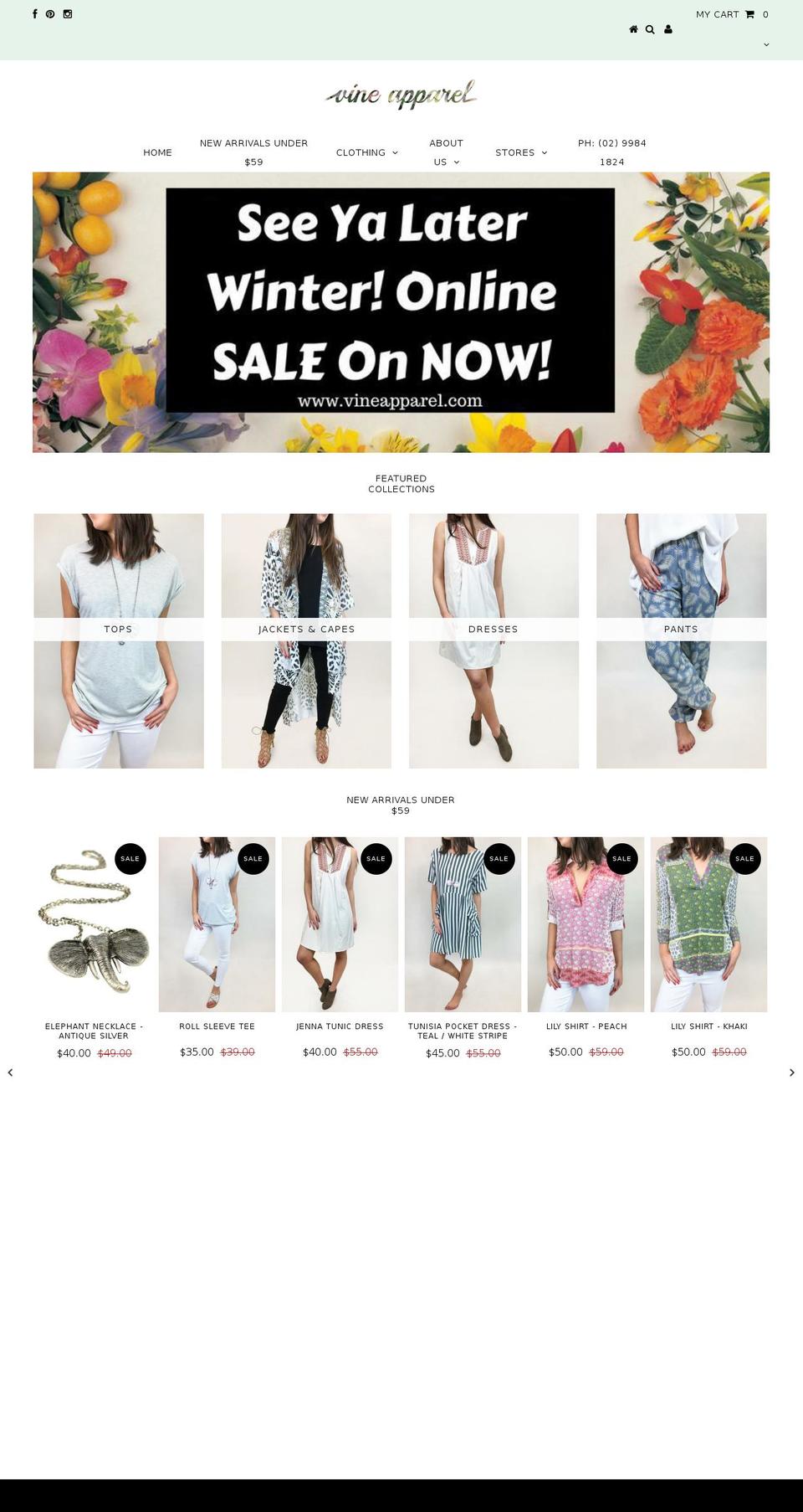 vineapparel.com.au shopify website screenshot
