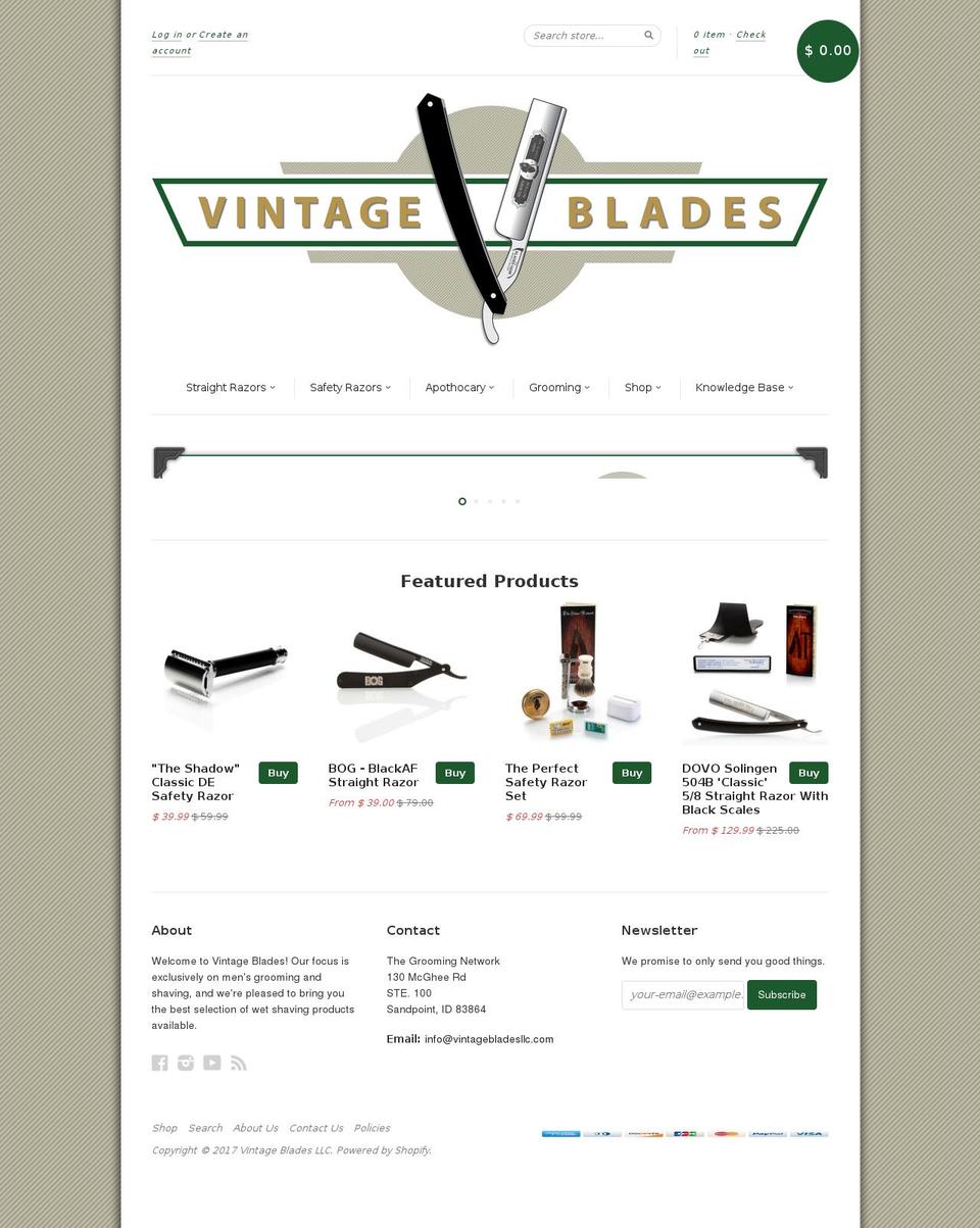 new standard Shopify theme site example vintagebladesllc.com