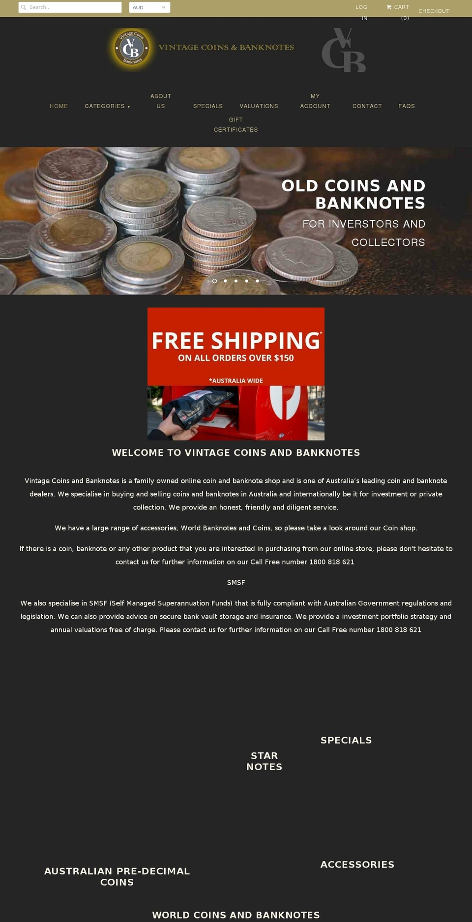 vintagecoinsandbanknotes.com — Shopify storefront screenshot