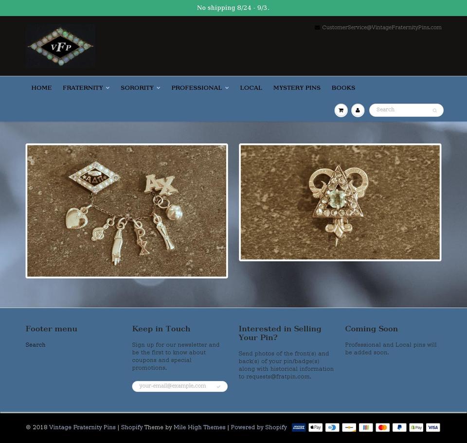vintagefraternitypins.com shopify website screenshot