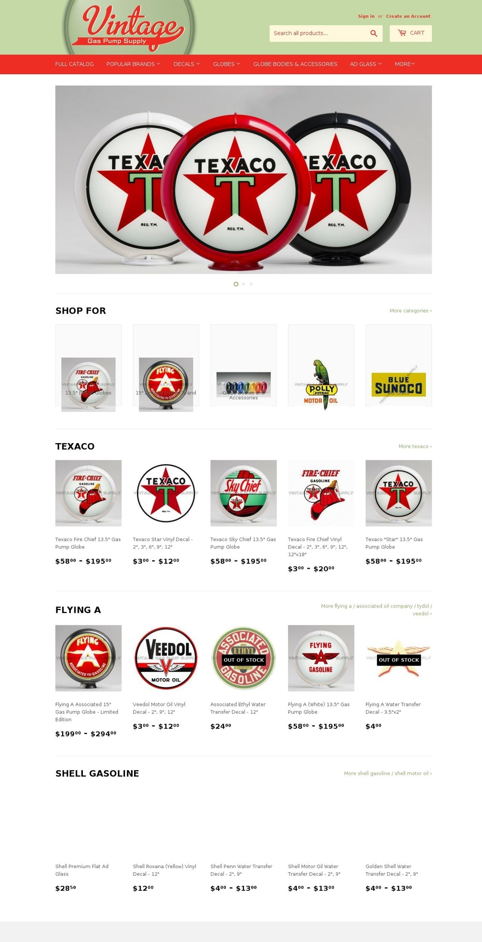 vintagegaspumpparts.com — Shopify storefront screenshot