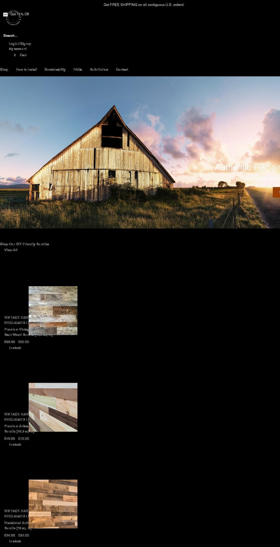 vintageharvestlumber.com shopify website screenshot