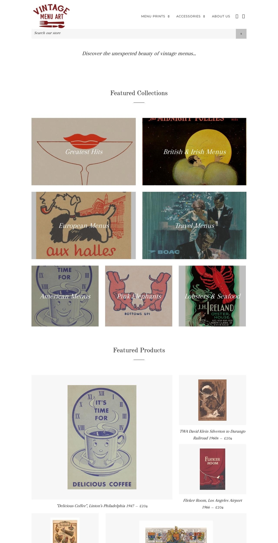 vintagemenuart.co.uk shopify website screenshot