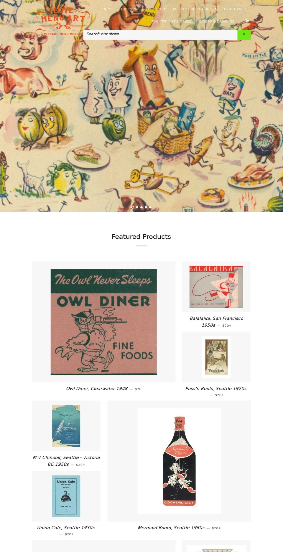 vintagemenuarthunters.com shopify website screenshot